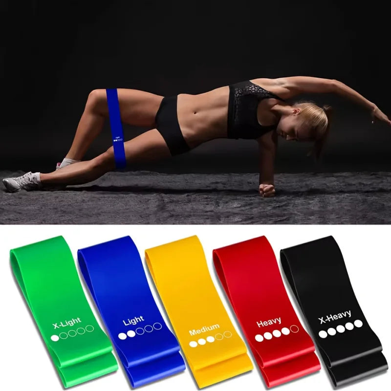 Female athlete using 5 level resistance bands set in workout, showcasing colors: X-Light, Light, Medium, Heavy, X-Heavy.