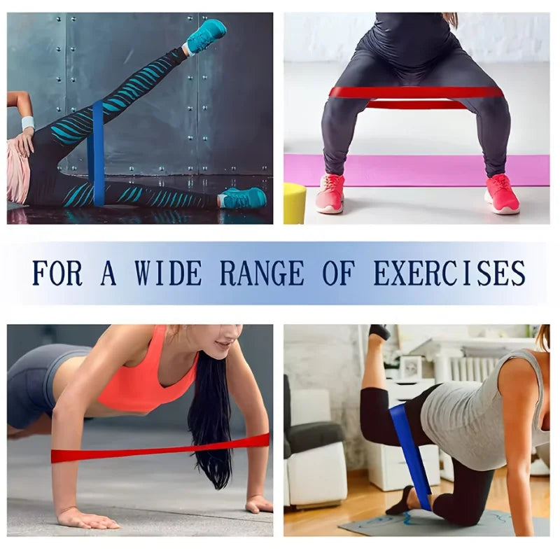 Resistance Bands 5 Levels set shown in use for various exercises including strength training and Pilates.